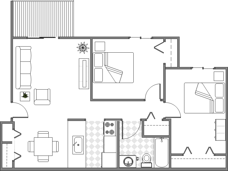 Floor plan for 2 beds, 1 bath, 748 sqft